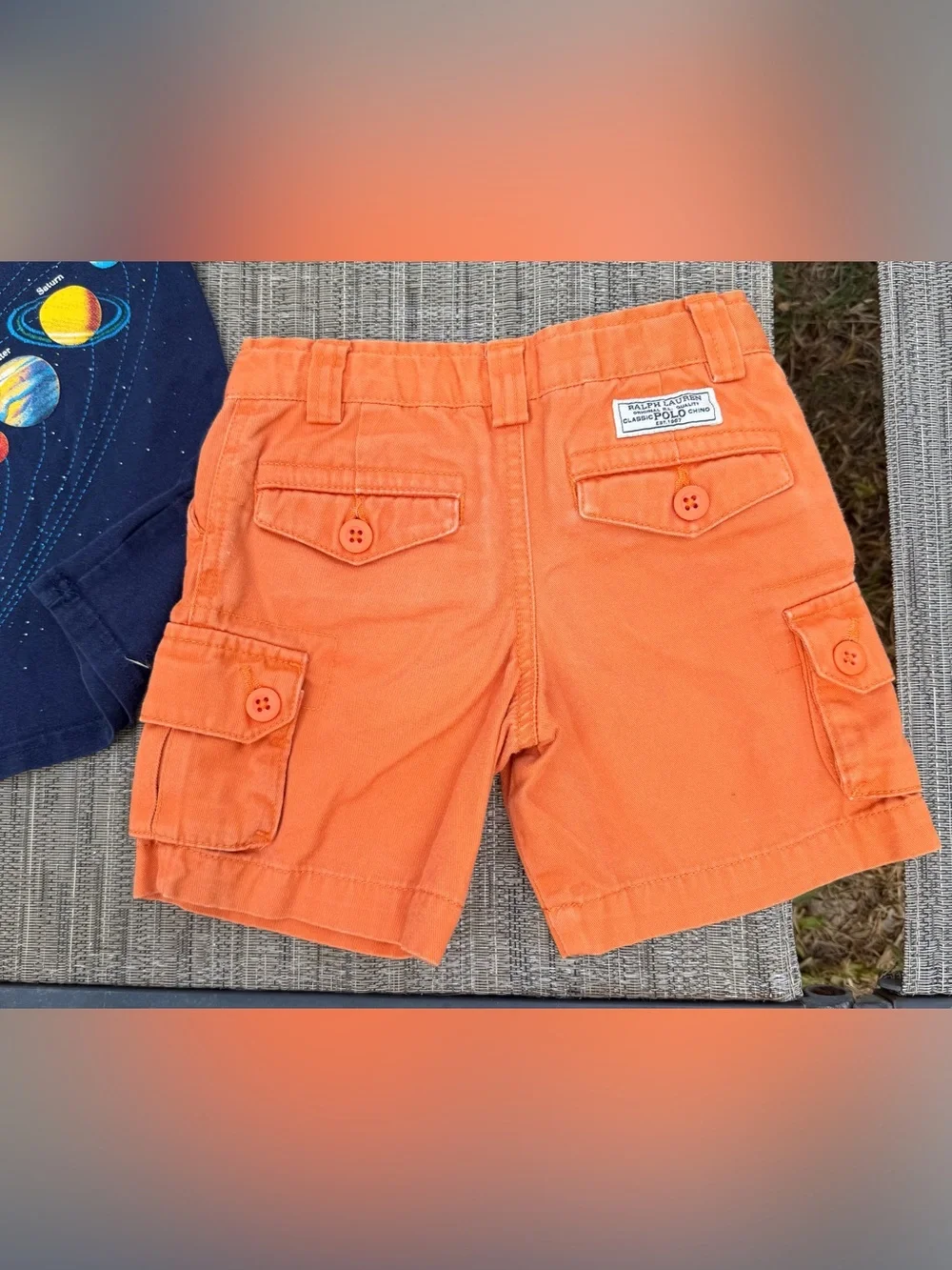 Ralph Lauren Orange Toddler Cargo Shorts w/Colorful Planets Shirt, 2T FIRM PRICE
